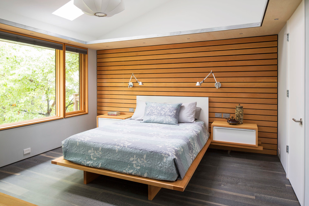 Modernes Hauptschlafzimmer mit weißer Wandfarbe und dunklem Holzboden in Minneapolis