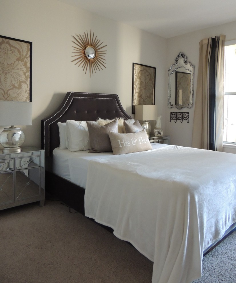 This is an example of a classic master bedroom in San Francisco with beige walls, carpet and no fireplace.