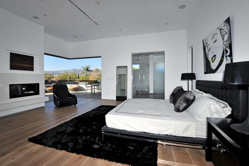 Großes Modernes Hauptschlafzimmer mit weißer Wandfarbe, braunem Holzboden und Kamin in Los Angeles