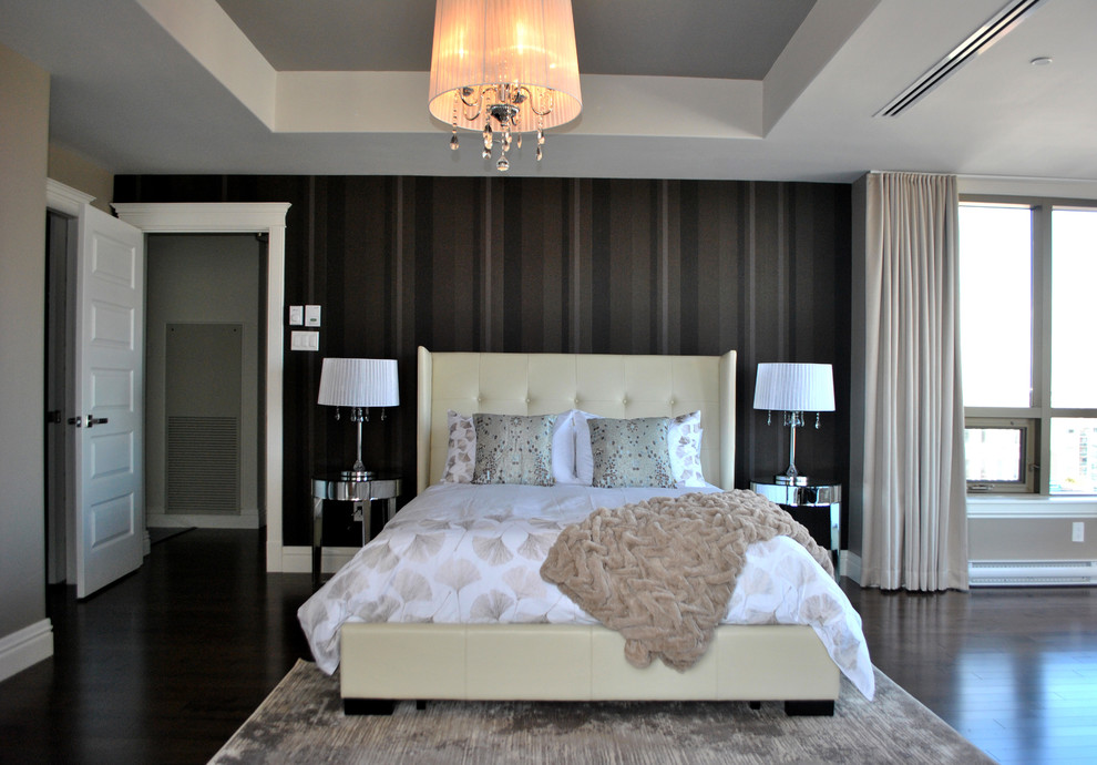 Example of a huge trendy master dark wood floor bedroom design in Other with brown walls