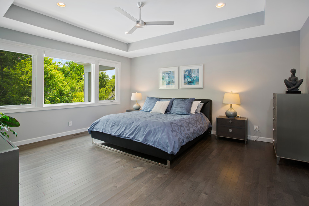 Imagen de dormitorio principal moderno grande con paredes grises y suelo de madera en tonos medios