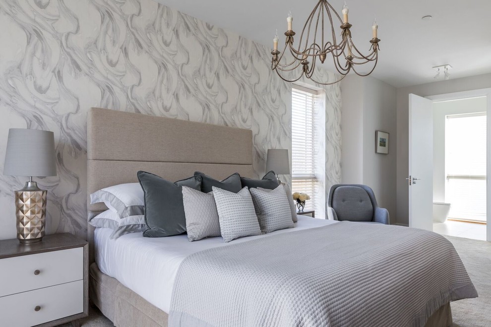 Inspiration for a mid-sized contemporary guest carpeted and gray floor bedroom remodel in Cambridgeshire with gray walls
