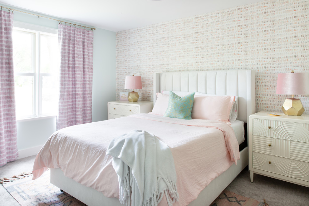 This is an example of a medium sized traditional master and grey and pink bedroom in Austin with multi-coloured walls, carpet, no fireplace and grey floors.