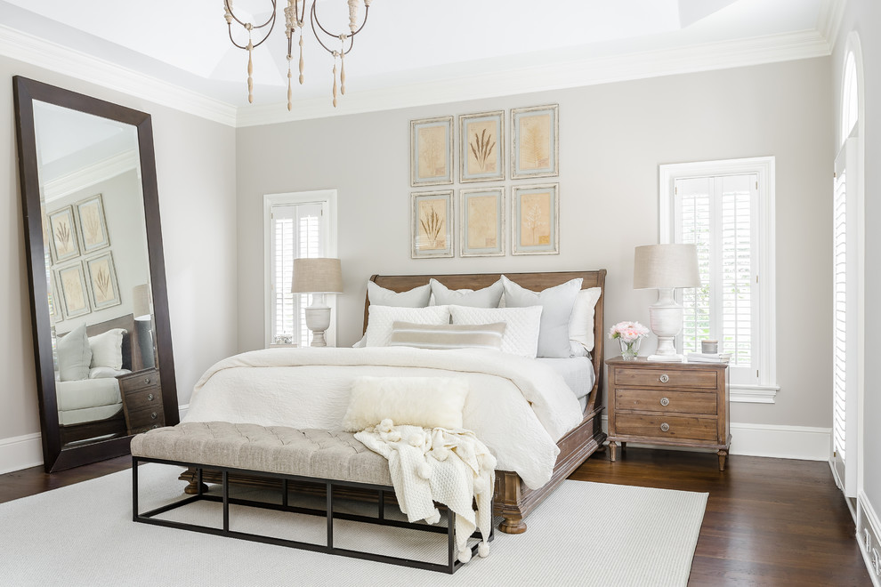 Inspiration for a traditional grey and brown bedroom in Charlotte with grey walls, dark hardwood flooring and brown floors.