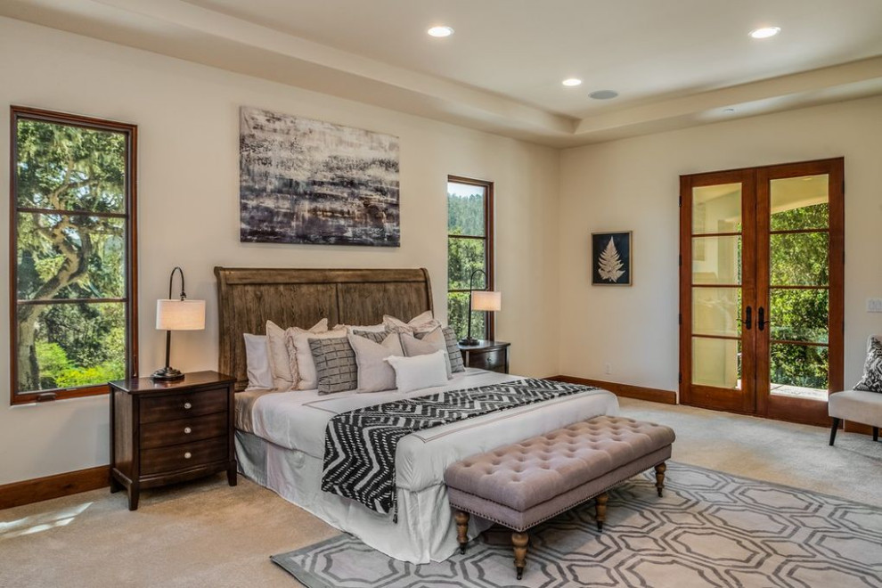 Bedroom - large transitional guest carpeted, beige floor and tray ceiling bedroom idea in Other with beige walls and no fireplace