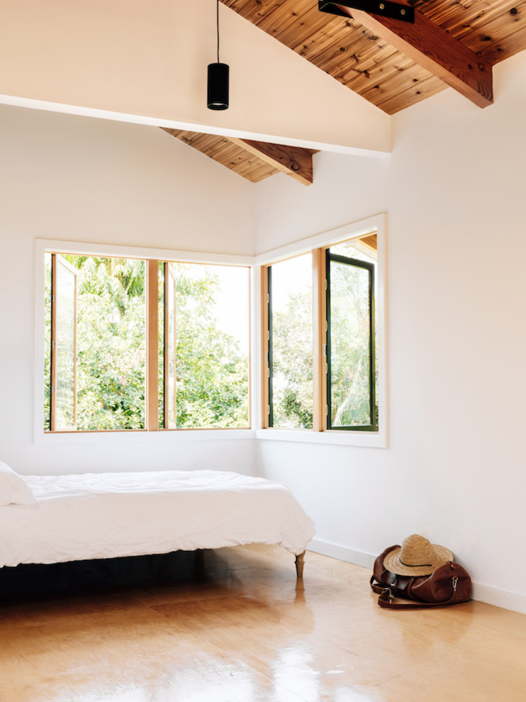 Diseño de dormitorio contemporáneo con paredes blancas, suelo de madera en tonos medios y suelo marrón