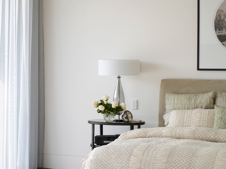 Inspiration for a contemporary master bedroom in Melbourne with white walls.