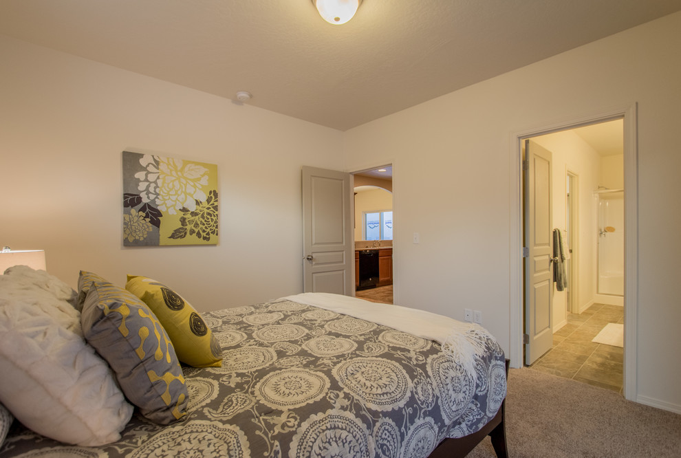 Modelo de dormitorio principal de estilo americano de tamaño medio con paredes blancas y moqueta