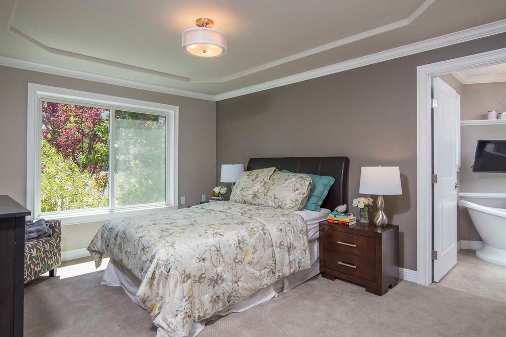 Mid-sized elegant master carpeted and gray floor bedroom photo in San Francisco with brown walls and no fireplace