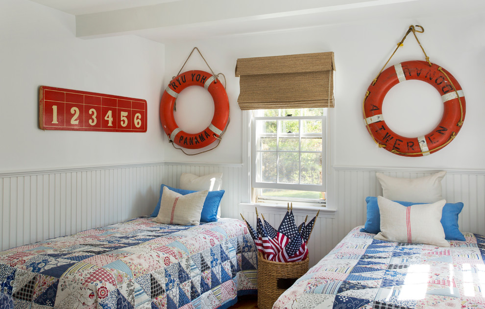 Bedroom - small coastal guest bedroom idea in Boston with white walls