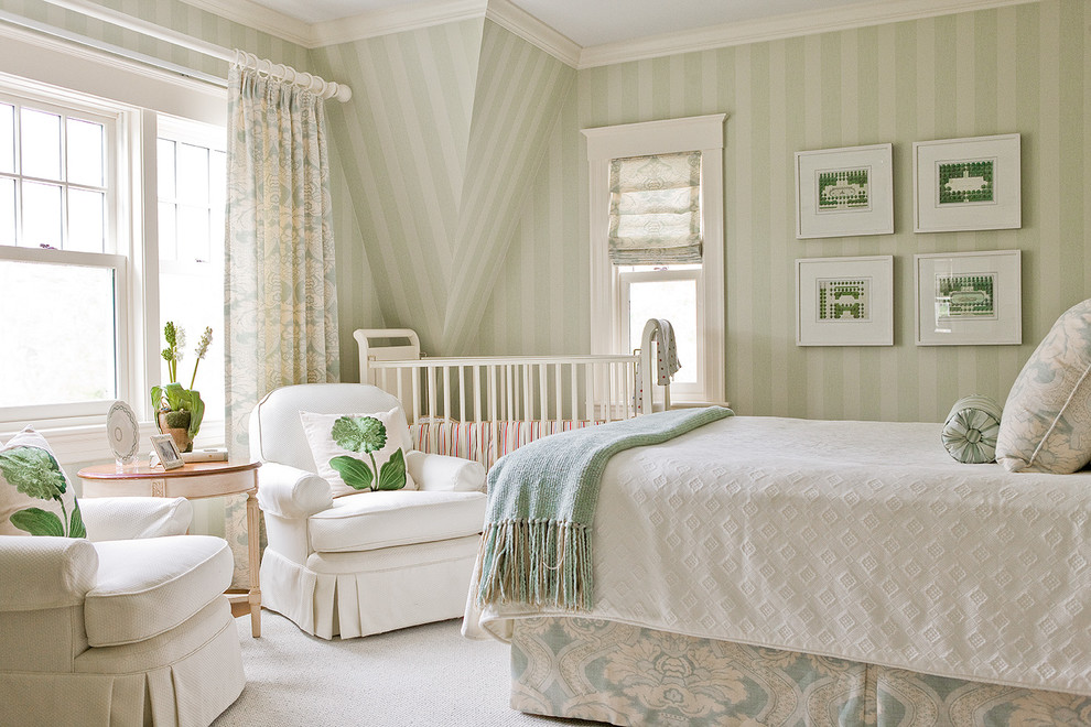 Bedroom - mid-sized contemporary guest carpeted bedroom idea in Boston with green walls