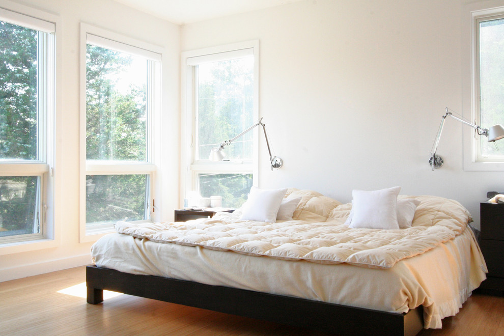 Diseño de dormitorio moderno con paredes blancas