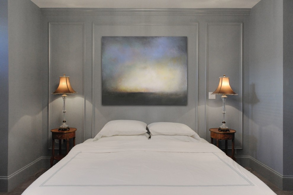 ワシントンD.C.にある中くらいなトランジショナルスタイルのおしゃれな客用寝室 (グレーの壁、暖炉なし) のレイアウト