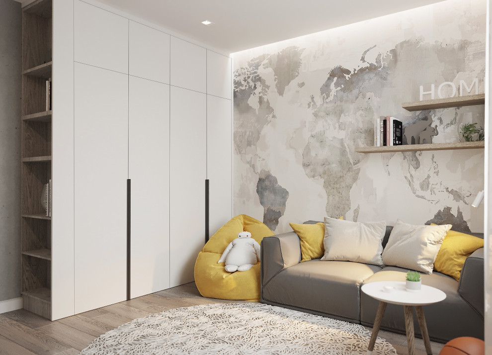 Foto de habitación de invitados blanca y beige y blanca actual de tamaño medio con paredes grises, suelo de madera en tonos medios, suelo beige y papel pintado