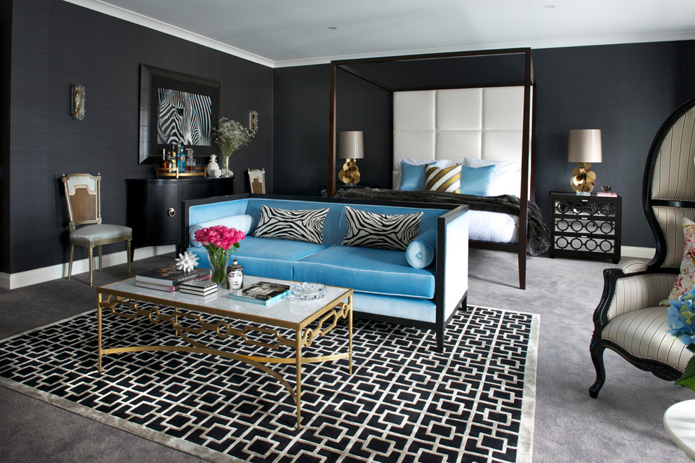 Großes Modernes Hauptschlafzimmer ohne Kamin mit grauer Wandfarbe, Teppichboden und grauem Boden in Melbourne