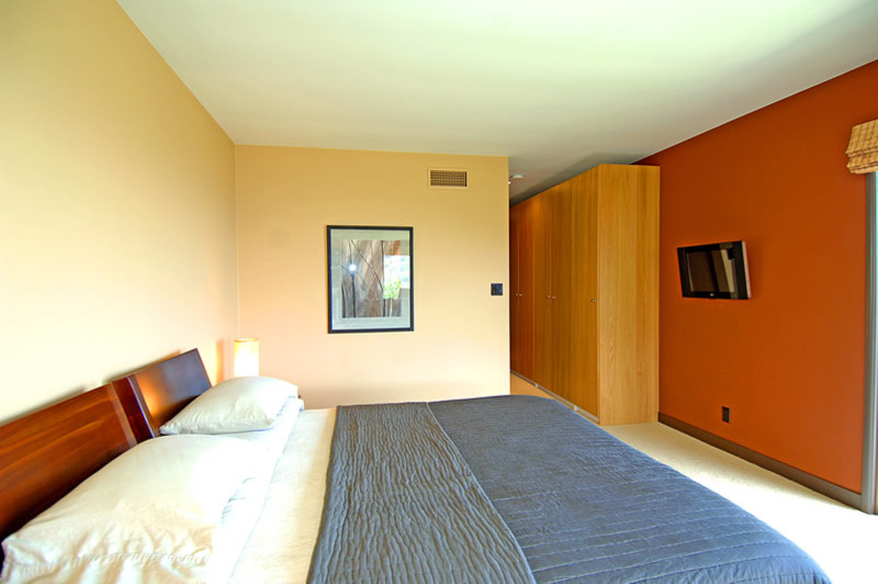 Пример оригинального дизайна: хозяйская спальня среднего размера в современном стиле с оранжевыми стенами и ковровым покрытием