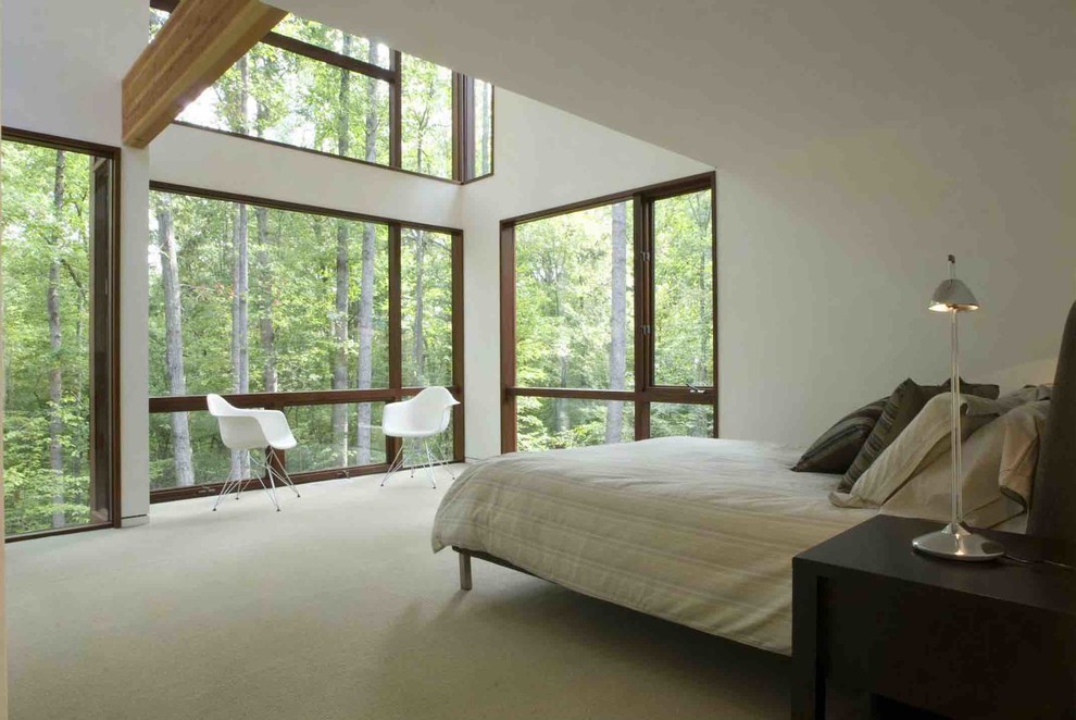Идея дизайна: хозяйская спальня среднего размера в стиле модернизм с белыми стенами, ковровым покрытием и белым полом без камина