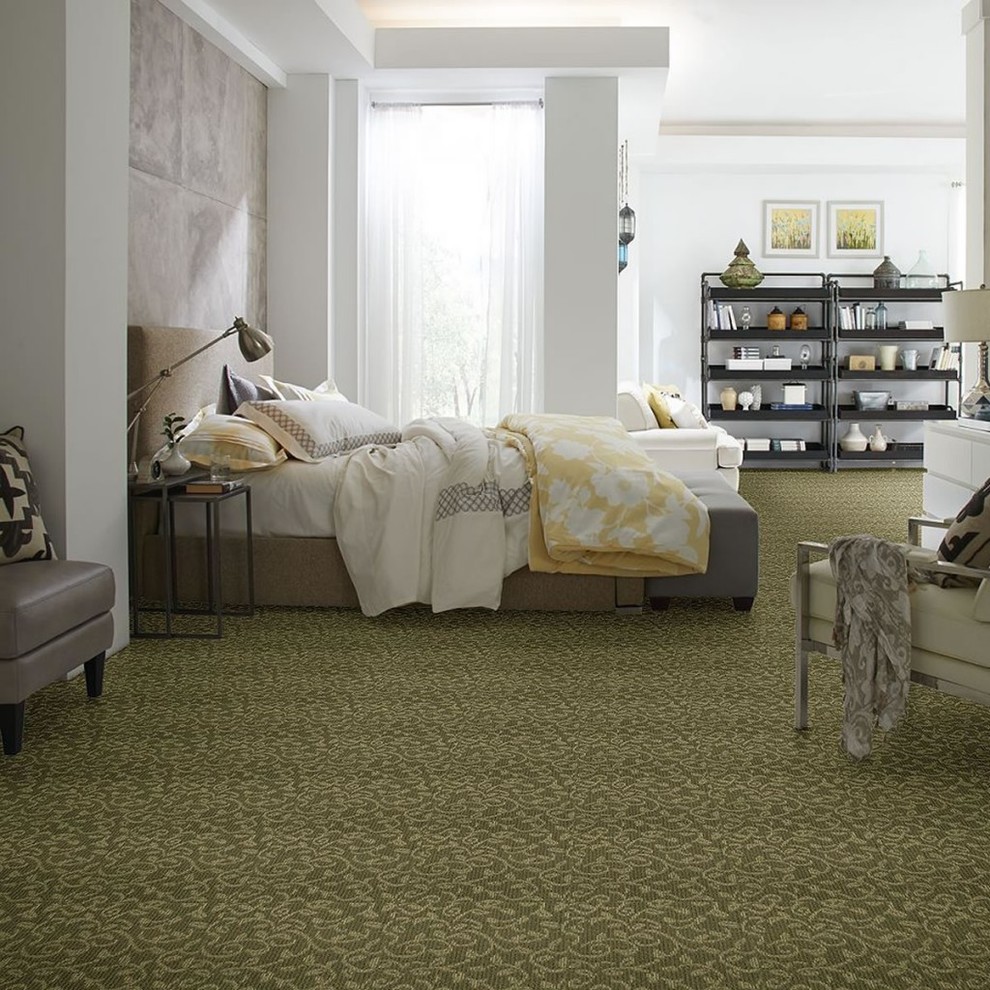Design ideas for a large retro master bedroom in Vancouver with white walls, carpet, green floors and no fireplace.