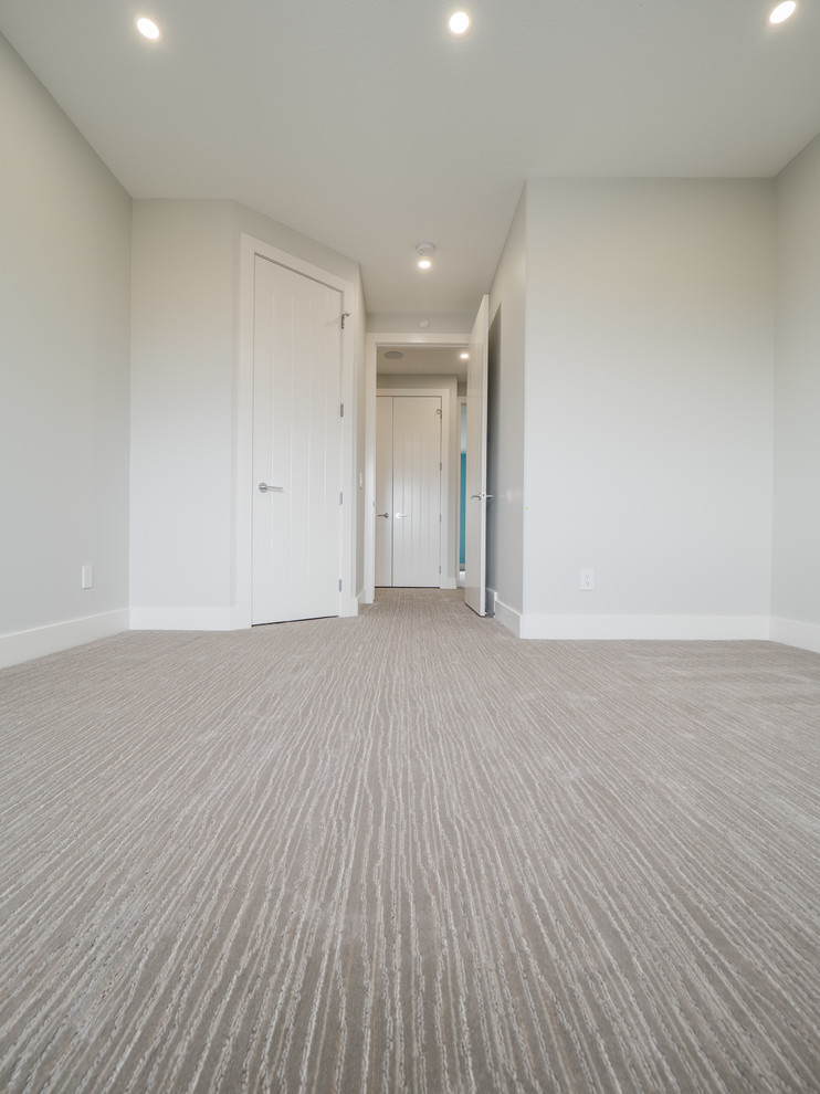 Modelo de habitación de invitados moderna de tamaño medio con paredes grises, moqueta y suelo gris