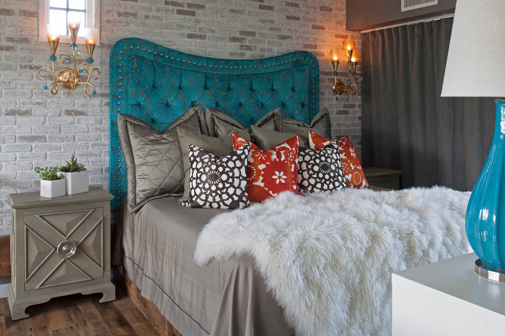 Bedroom - contemporary medium tone wood floor bedroom idea with gray walls