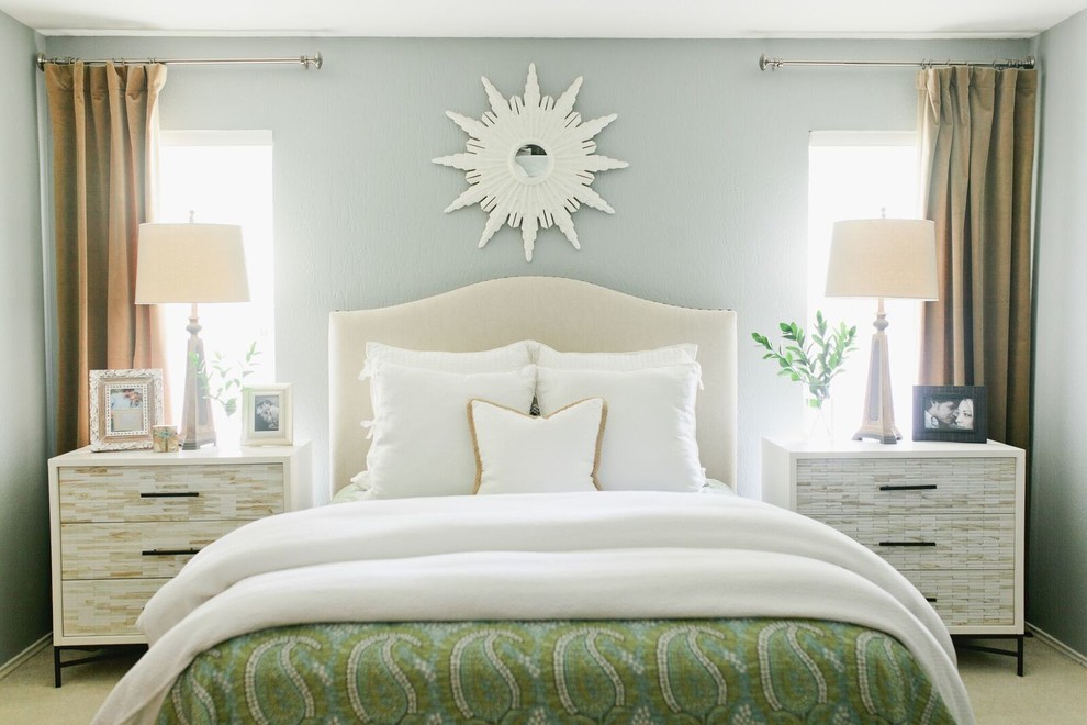 Large transitional master carpeted and beige floor bedroom photo in Dallas with gray walls and no fireplace