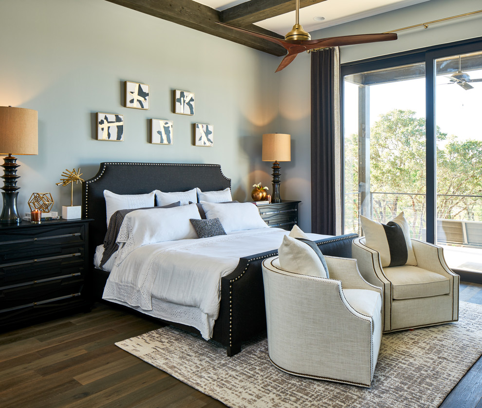 Inspiration for a medium sized traditional master and grey and brown bedroom in Other with medium hardwood flooring, no fireplace, grey walls and brown floors.