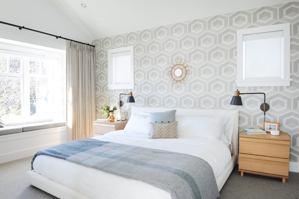 Inspiration for a transitional carpeted and gray floor bedroom remodel in Vancouver with gray walls