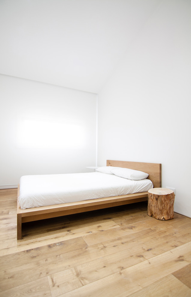 Esempio di una camera da letto minimalista di medie dimensioni con pavimento in compensato