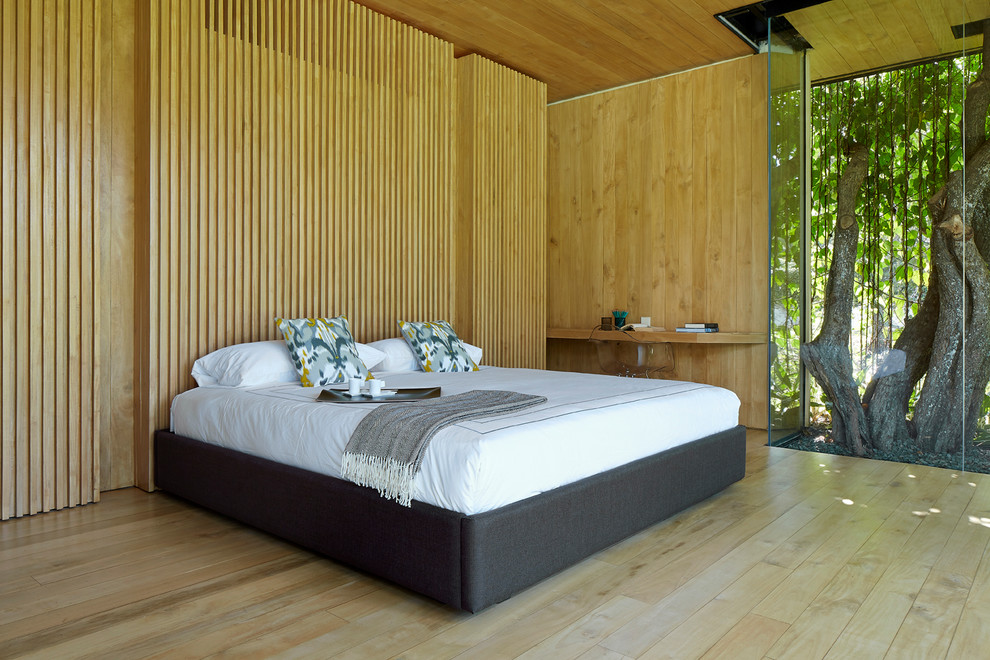 Источник вдохновения для домашнего уюта: спальня в современном стиле с светлым паркетным полом