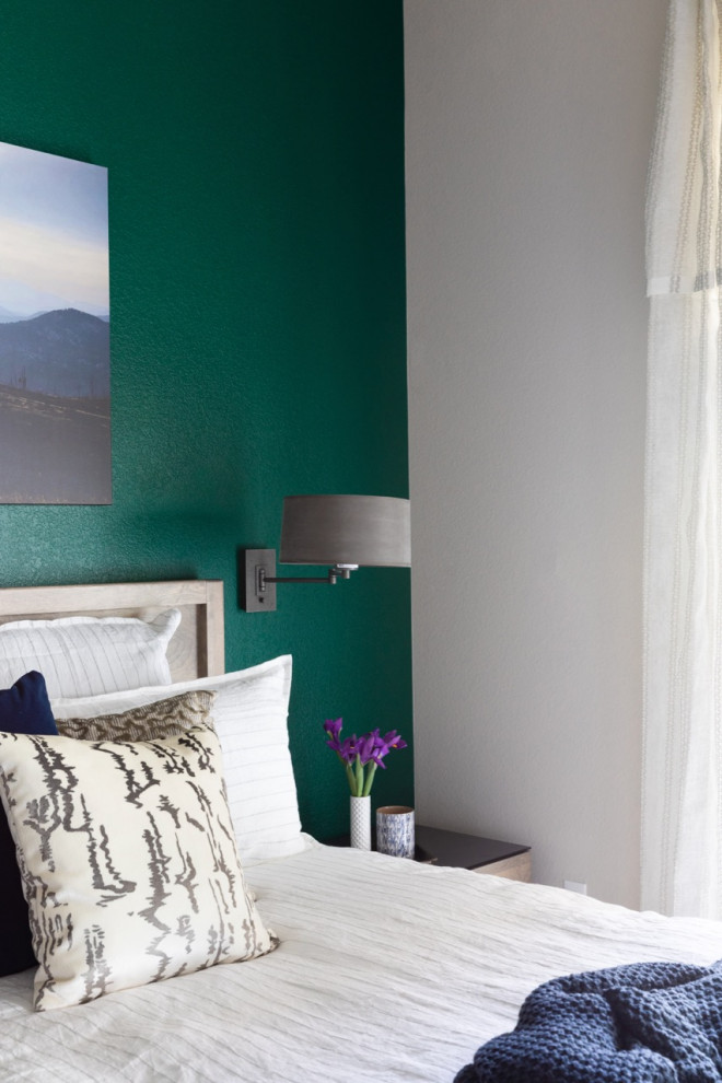 Mittelgroßes Modernes Hauptschlafzimmer ohne Kamin mit grüner Wandfarbe und hellem Holzboden in Denver