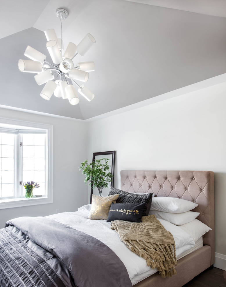 トロントにある中くらいなトランジショナルスタイルのおしゃれな主寝室 (白い壁、濃色無垢フローリング、暖炉なし、グレーの天井)