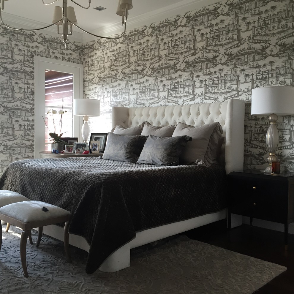 Design ideas for a medium sized classic master bedroom in Austin with grey walls and dark hardwood flooring.