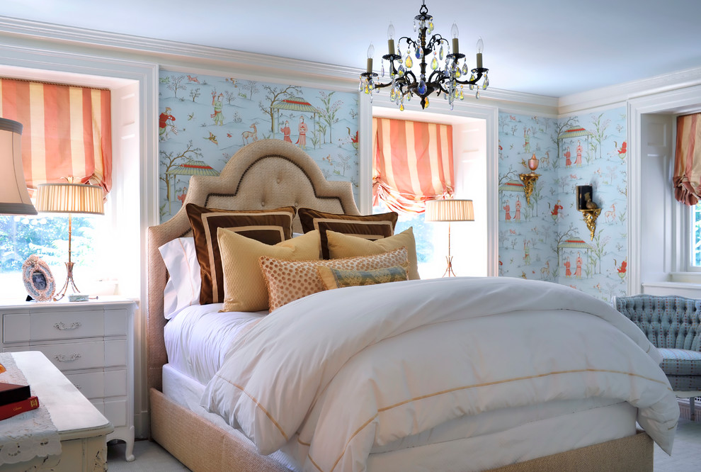 Идея дизайна: гостевая спальня среднего размера, (комната для гостей) с синими стенами и ковровым покрытием