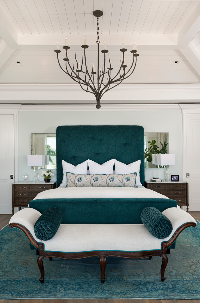 他の地域にある広いトランジショナルスタイルのおしゃれな主寝室 (青い壁、無垢フローリング、茶色い床) のインテリア