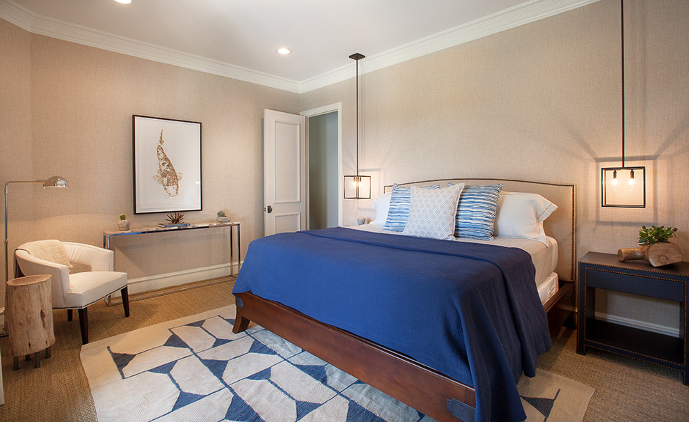 Photo of a medium sized traditional guest bedroom in Dallas with white walls, carpet and no fireplace.