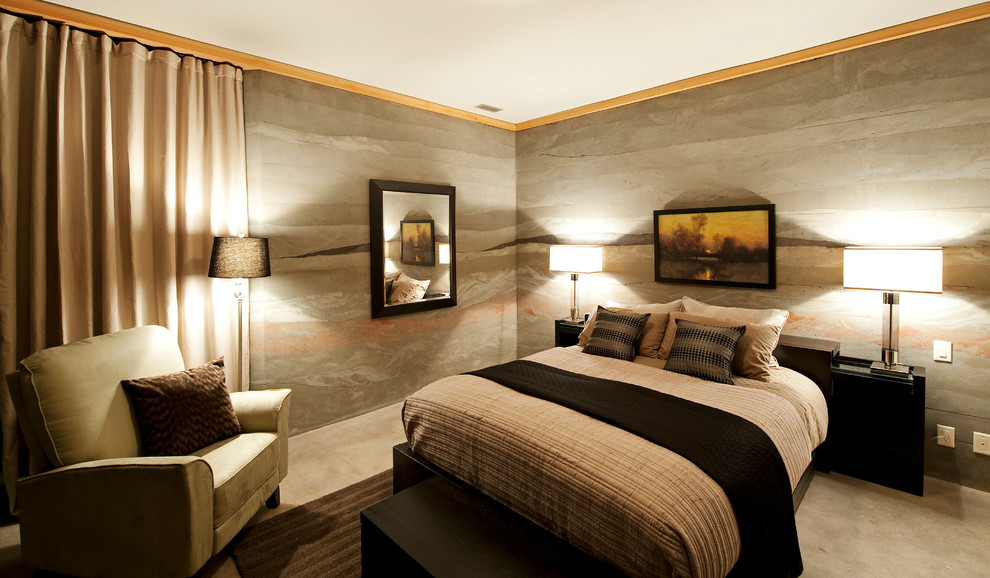 Источник вдохновения для домашнего уюта: хозяйская спальня среднего размера в современном стиле с серыми стенами и бетонным полом без камина