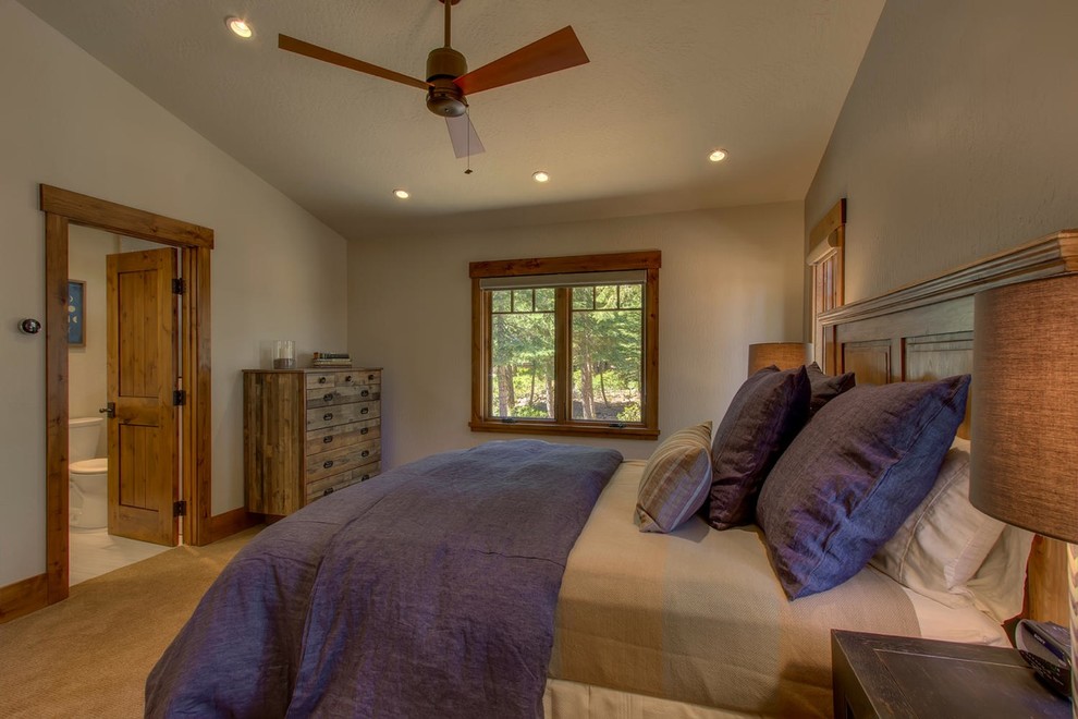 Mid-sized cottage chic master carpeted bedroom photo in Sacramento with beige walls and no fireplace