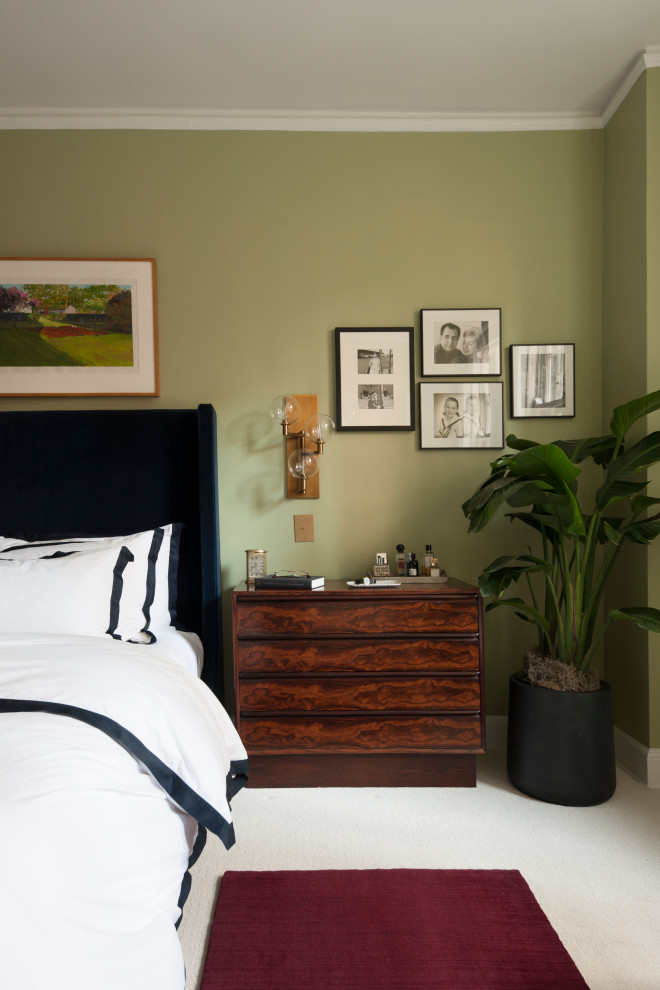 Example of a mid-sized eclectic master carpeted and beige floor bedroom design in Chicago with green walls