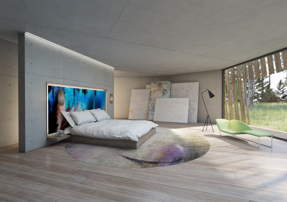 Immagine di una camera matrimoniale minimalista con pareti grigie e parquet chiaro