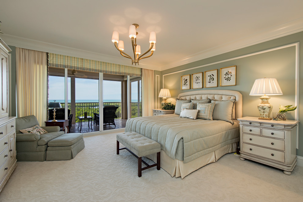 Classic master bedroom in Other with green walls, carpet, no fireplace and beige floors.