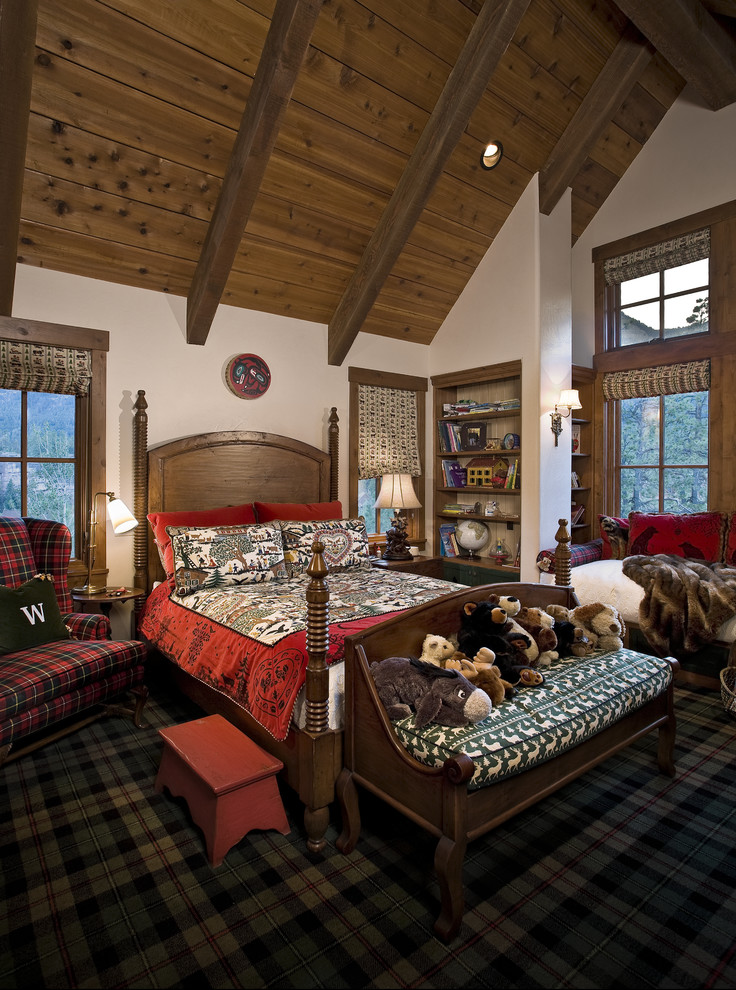 Bedroom - rustic master carpeted and multicolored floor bedroom idea in New York with white walls