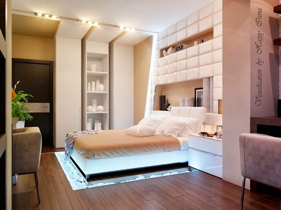 Example of a mid-sized trendy master medium tone wood floor bedroom design in Other with yellow walls and no fireplace