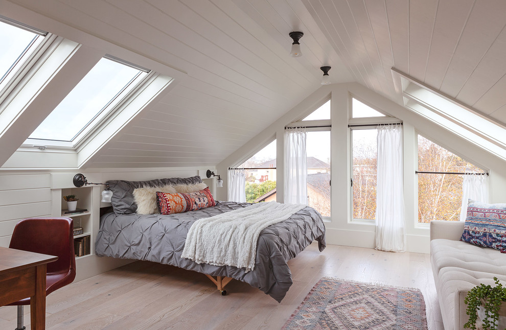 サンフランシスコにあるトラディショナルスタイルのおしゃれな客用寝室 (白い壁、淡色無垢フローリング、暖炉なし、ベージュの床、勾配天井) のインテリア