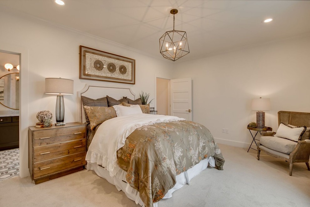 Design ideas for a large traditional master bedroom in Other with white walls, carpet, no fireplace and grey floors.