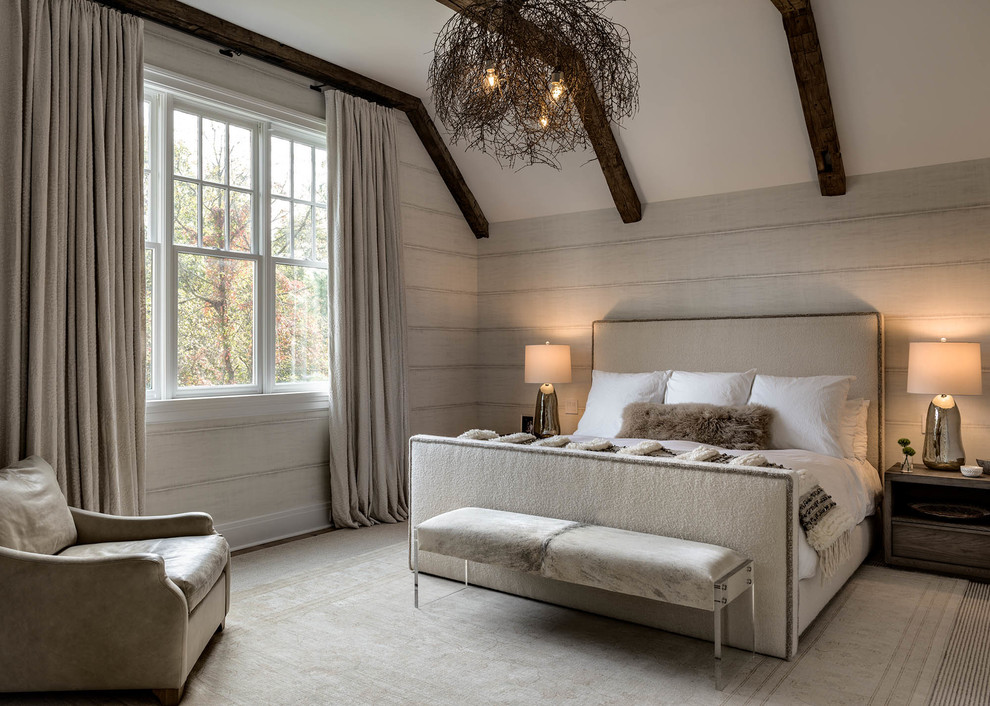Mid-sized country carpeted and beige floor bedroom photo in New York with beige walls