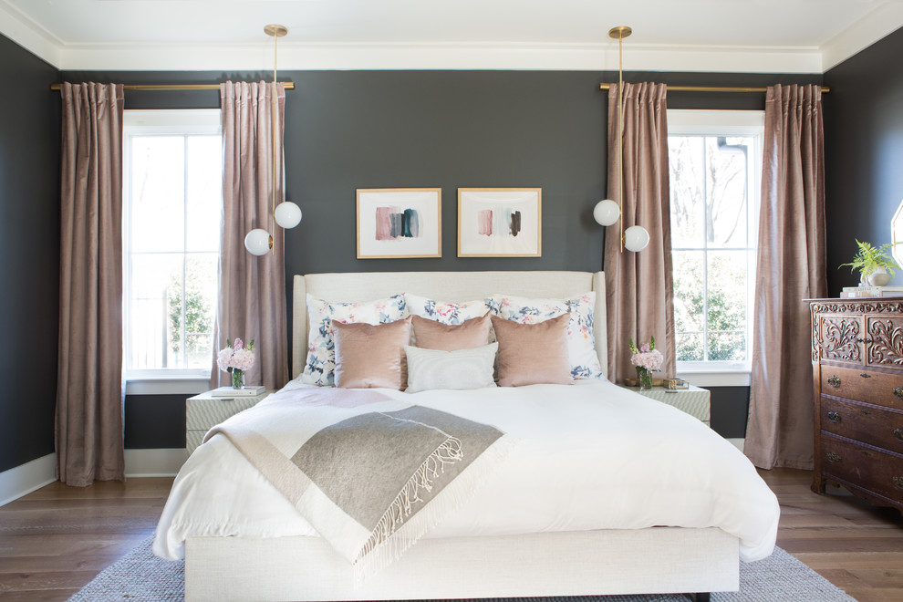 Bedroom - mid-sized transitional master light wood floor bedroom idea in Other with gray walls