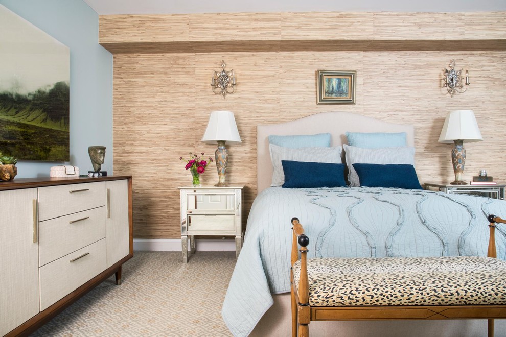 Example of a mid-sized transitional master carpeted and gray floor bedroom design in Boston with beige walls and no fireplace