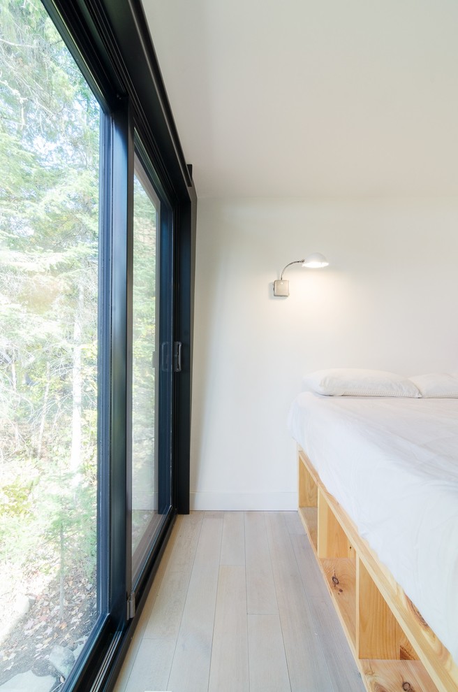 Bedroom - scandinavian light wood floor bedroom idea in Other with white walls