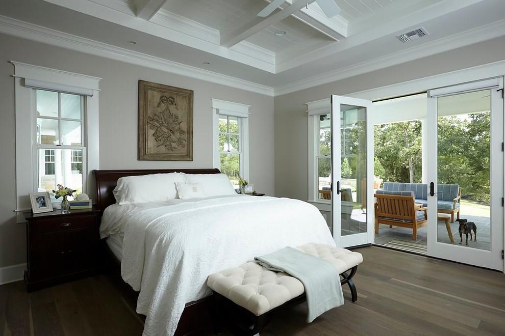 Example of a mid-sized classic master dark wood floor and brown floor bedroom design in Austin with beige walls and no fireplace