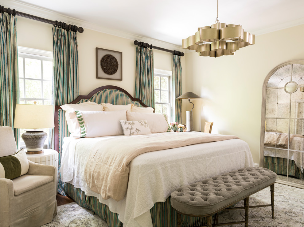 Inspiration for a traditional master and grey and cream bedroom in Atlanta with yellow walls and no fireplace.